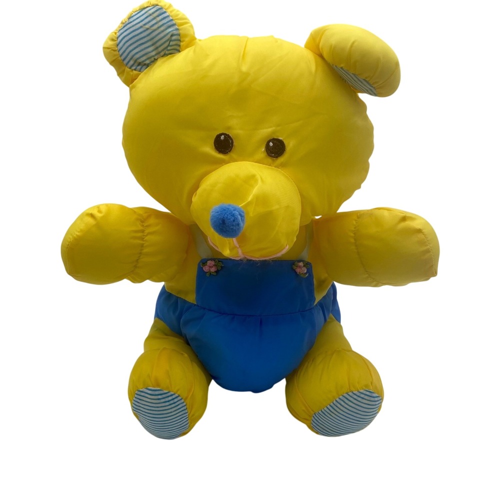 Vintage Puffalump Yellow Nylon Bear 14" Plush Blue Overalls Striped Ears Nose